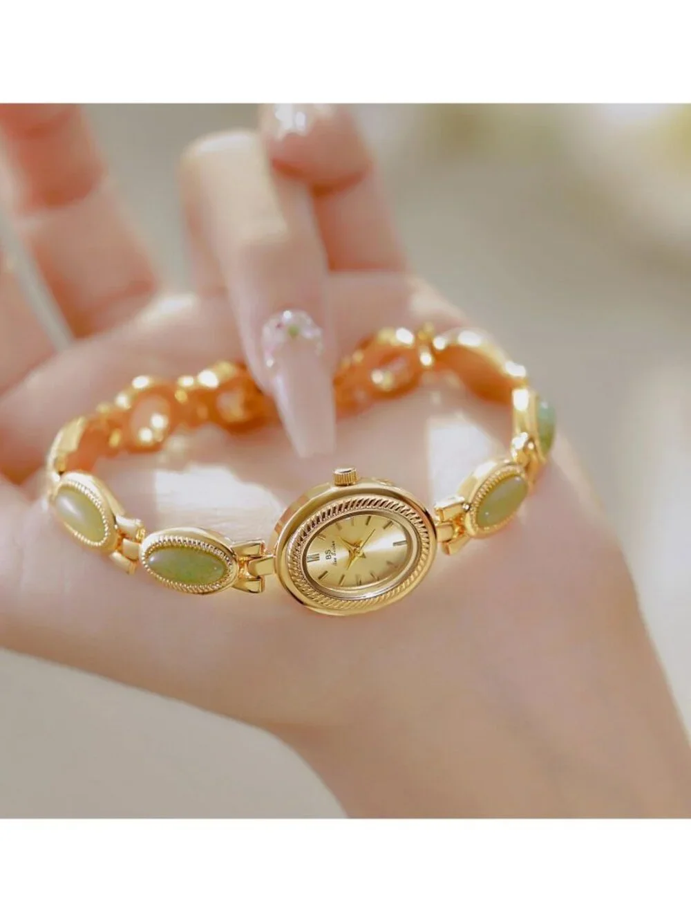 Women's Green Gold Analog Quartz Waterproof Oval Dainty Vintage Bracelet Watch